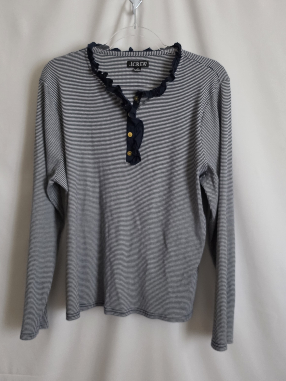 J. Crew Navy and White Striped Long-Sleeve Ruffle Henley Top